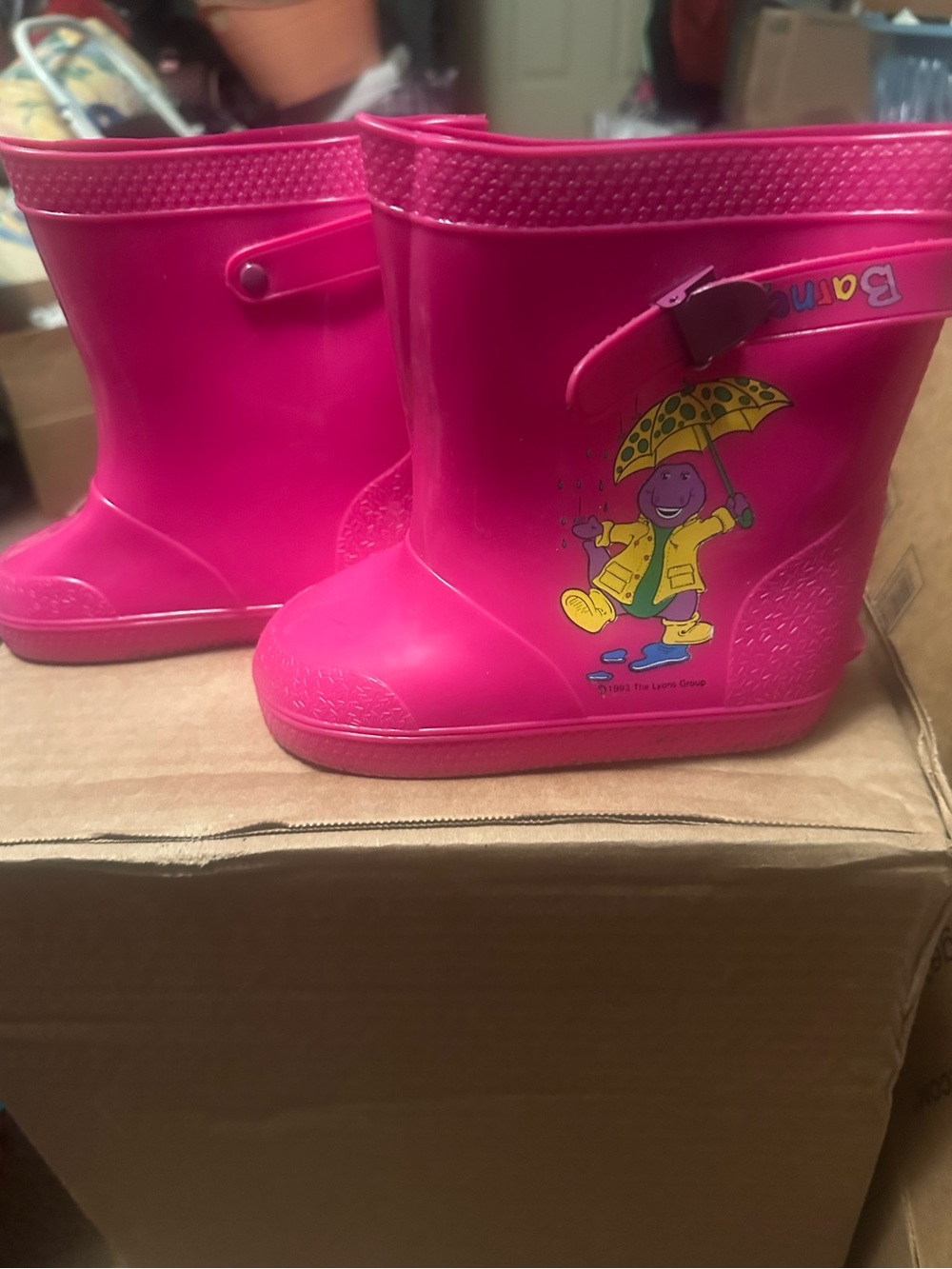 Vintage Kids Pink Rain Boots with BARNEY Cartoon Umbrella Design